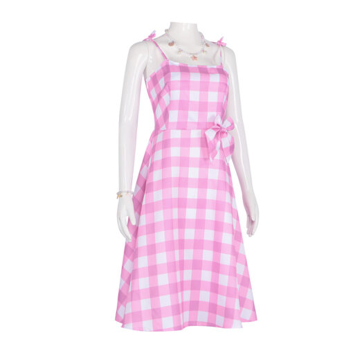 Barbie Pink Checkered Long Dress Cosplay Costume