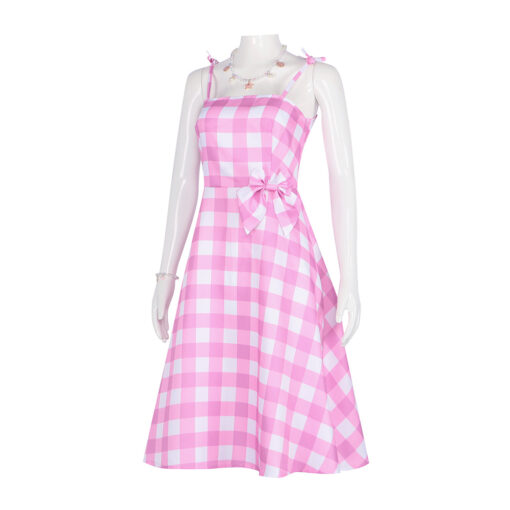 Barbie Pink Checkered Long Dress Cosplay Costume