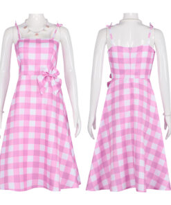 Barbie Pink Checkered Long Dress Cosplay Costume