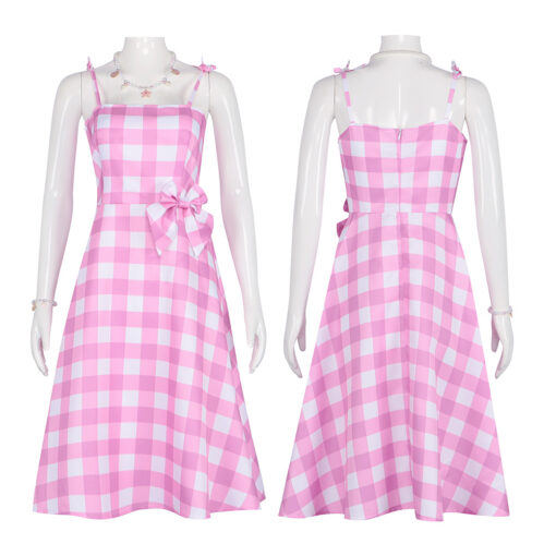 Barbie Pink Checkered Long Dress Cosplay Costume