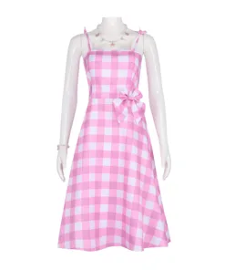 Barbie Pink Checkered Long Dress Cosplay Costume