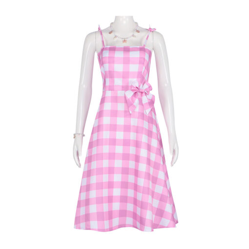 Barbie Pink Checkered Long Dress Cosplay Costume