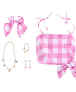 Barbie Pink Checkered Long Dress Cosplay Costume