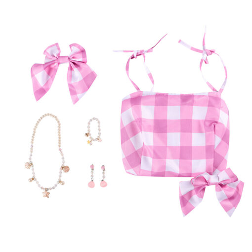 Barbie Pink Checkered Long Dress Cosplay Costume