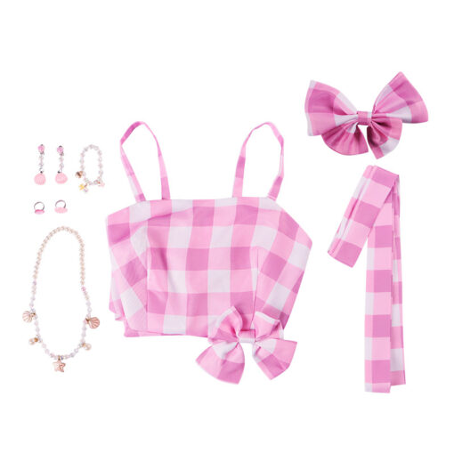 Barbie Pink Checkered Short Dress Cosplay Costume